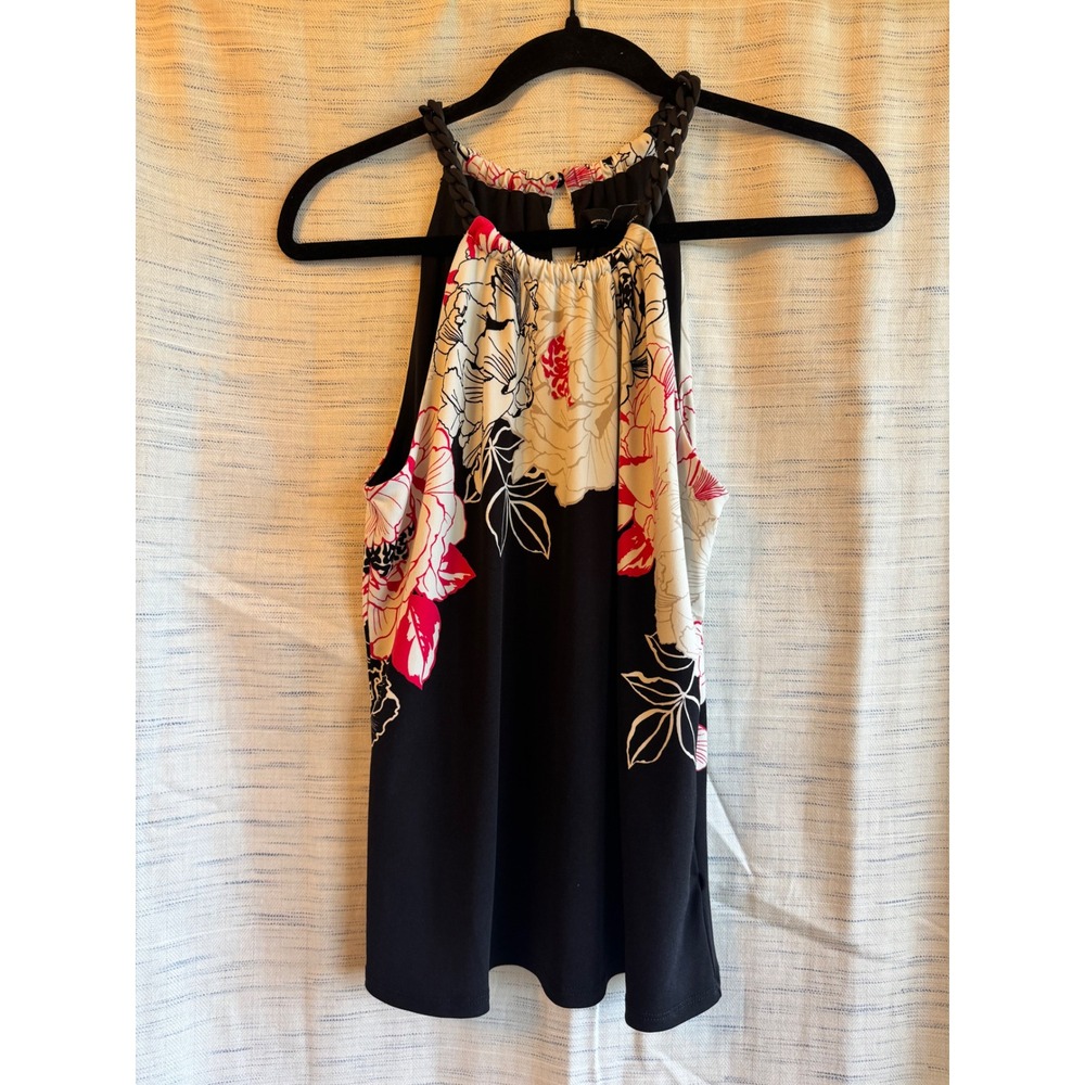 White House Black Market Floral Halter Top Pink Black White Chain Neck Small